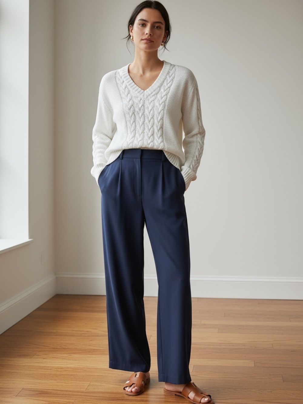 Saint + Sofia White Cable Knit V Neck Sweater Organic Cotton Fisherman Women's S